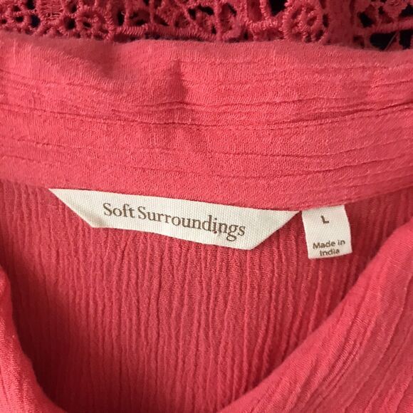 Soft Surroundings Coral Pink Cotton Linen Crochet Boho Long Sleeve Top Tunic - L - Picture 9 of 9